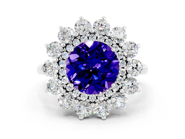 Platinum Round Cut Tanzanite Floral Double Halo Engagement Ring with Prong Setting