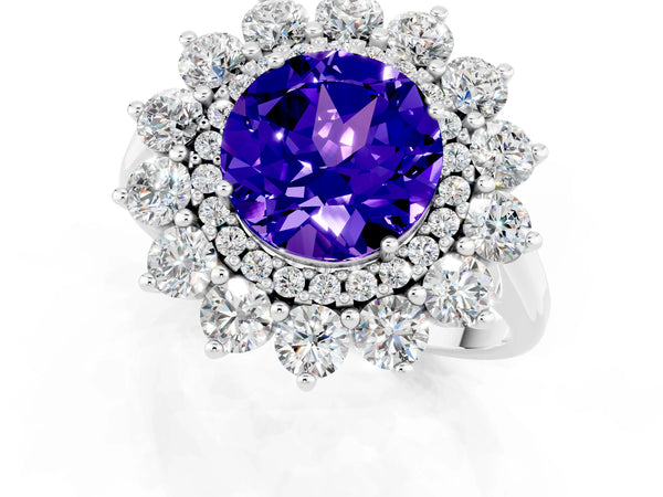 Silver Round Cut Tanzanite Floral Double Halo Engagement Ring with Prong Setting