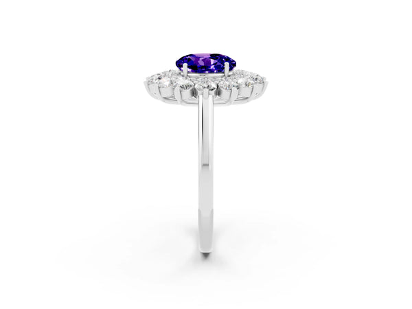 White gold Round Cut Tanzanite Floral Double Halo Engagement Ring with Prong Setting