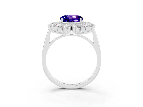 Silver Round Cut Tanzanite Floral Double Halo Engagement Ring with Prong Setting