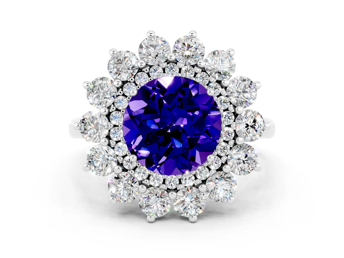 White gold Round Cut Tanzanite Floral Double Halo Engagement Ring with Prong Setting_85