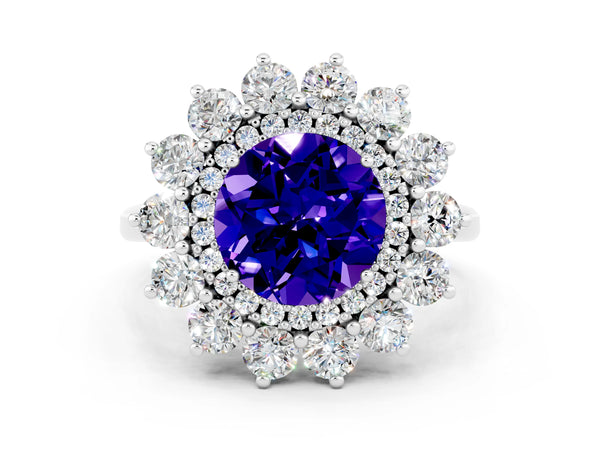 White gold Round Cut Tanzanite Floral Double Halo Engagement Ring with Prong Setting