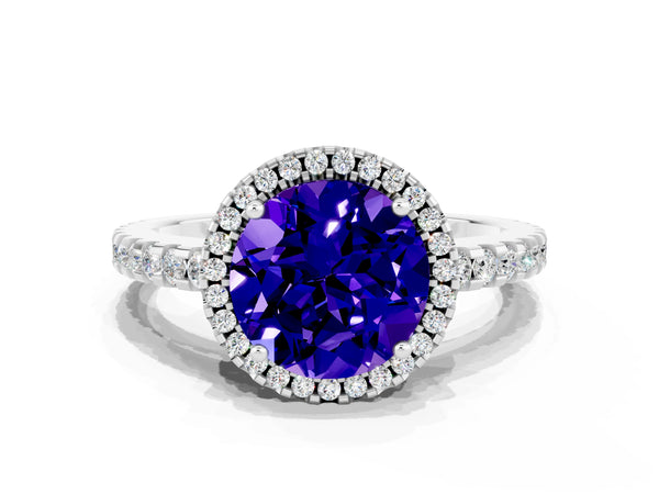 Silver Round Cut Tanzanite Halo Engagement Ring with Pavé Band and Prong Setting