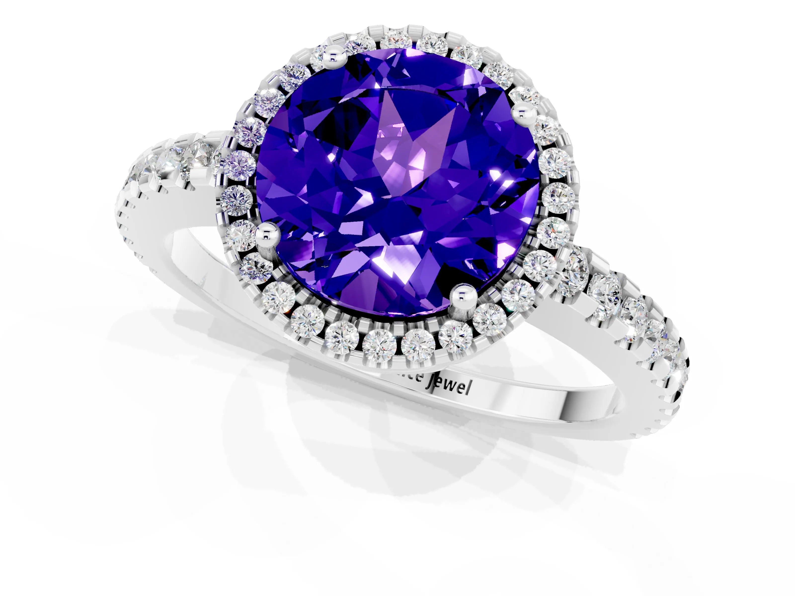 White gold Round Cut Tanzanite Halo Engagement Ring with Pavé Band and Prong Setting_13