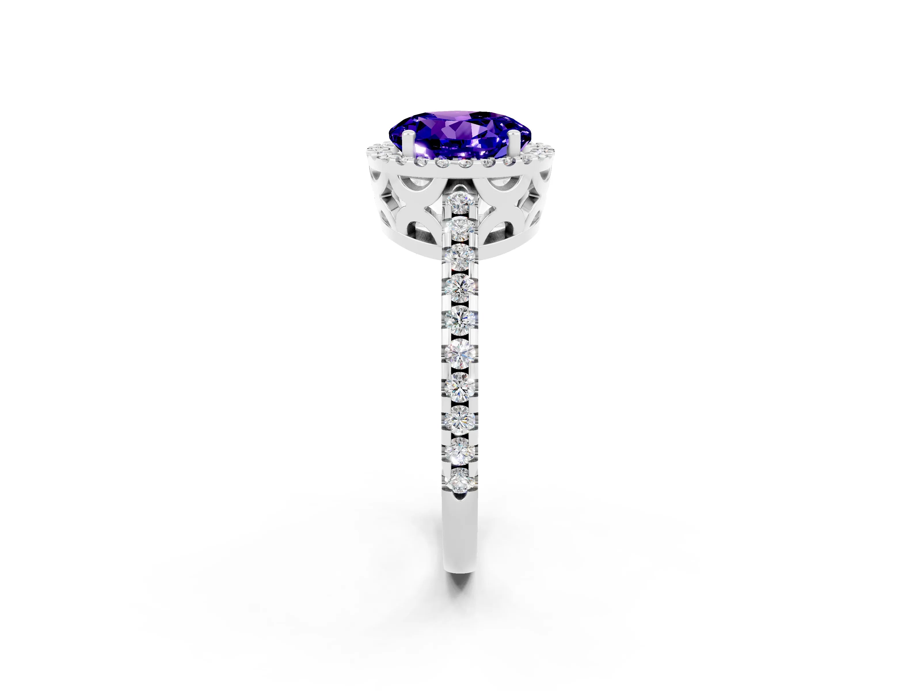 White gold Round Cut Tanzanite Halo Engagement Ring with Pavé Band and Prong Setting_14
