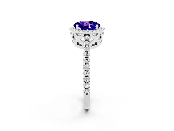 White gold Round Cut Tanzanite Halo Engagement Ring with Pavé Band and Prong Setting