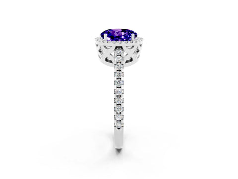 White gold Round Cut Tanzanite Halo Engagement Ring with Pavé Band and Prong Setting_14