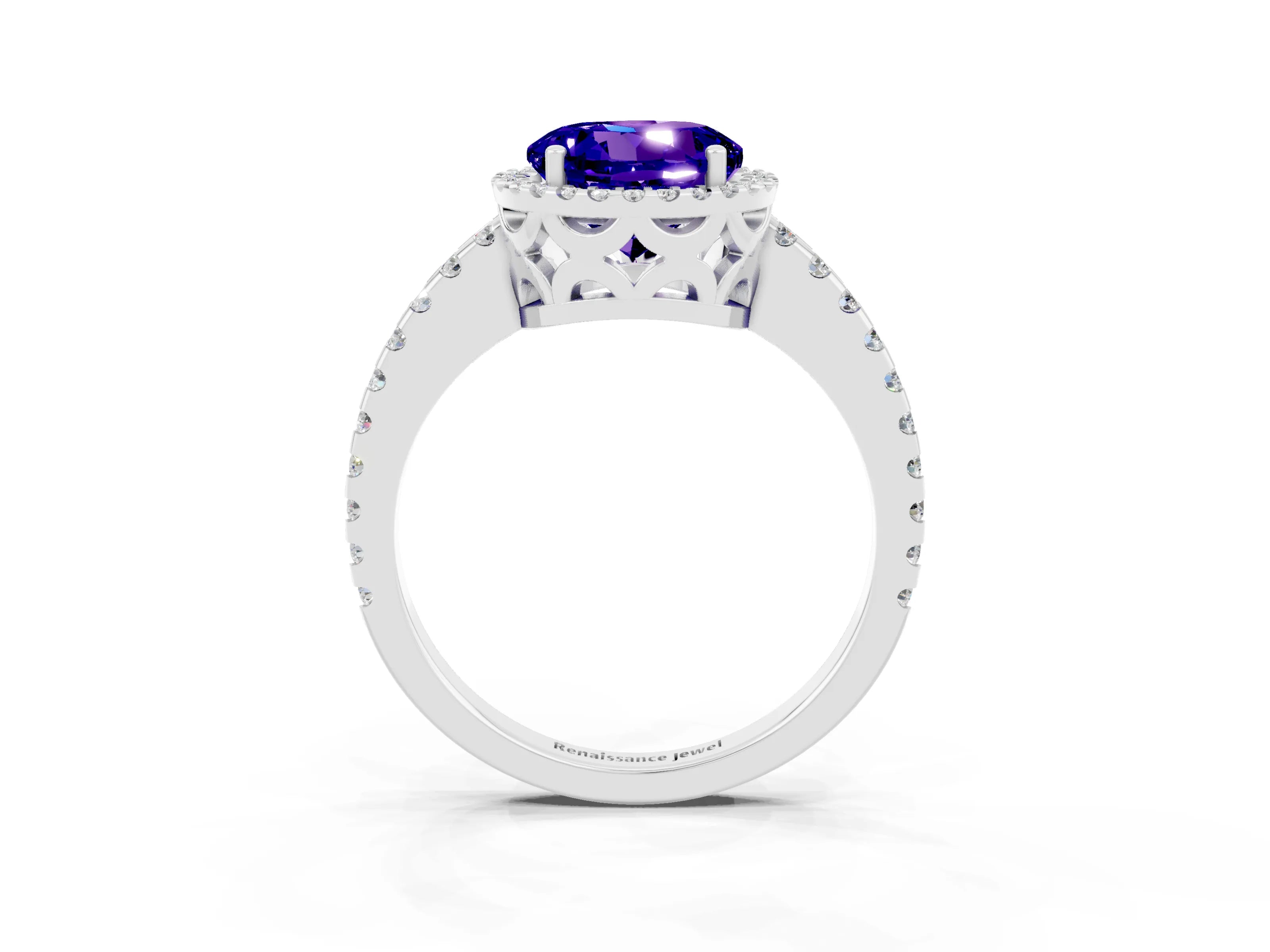 White gold Round Cut Tanzanite Halo Engagement Ring with Pavé Band and Prong Setting_15