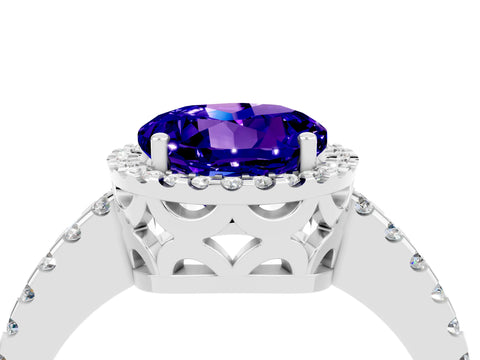 White gold Round Cut Tanzanite Halo Engagement Ring with Pavé Band and Prong Setting_16