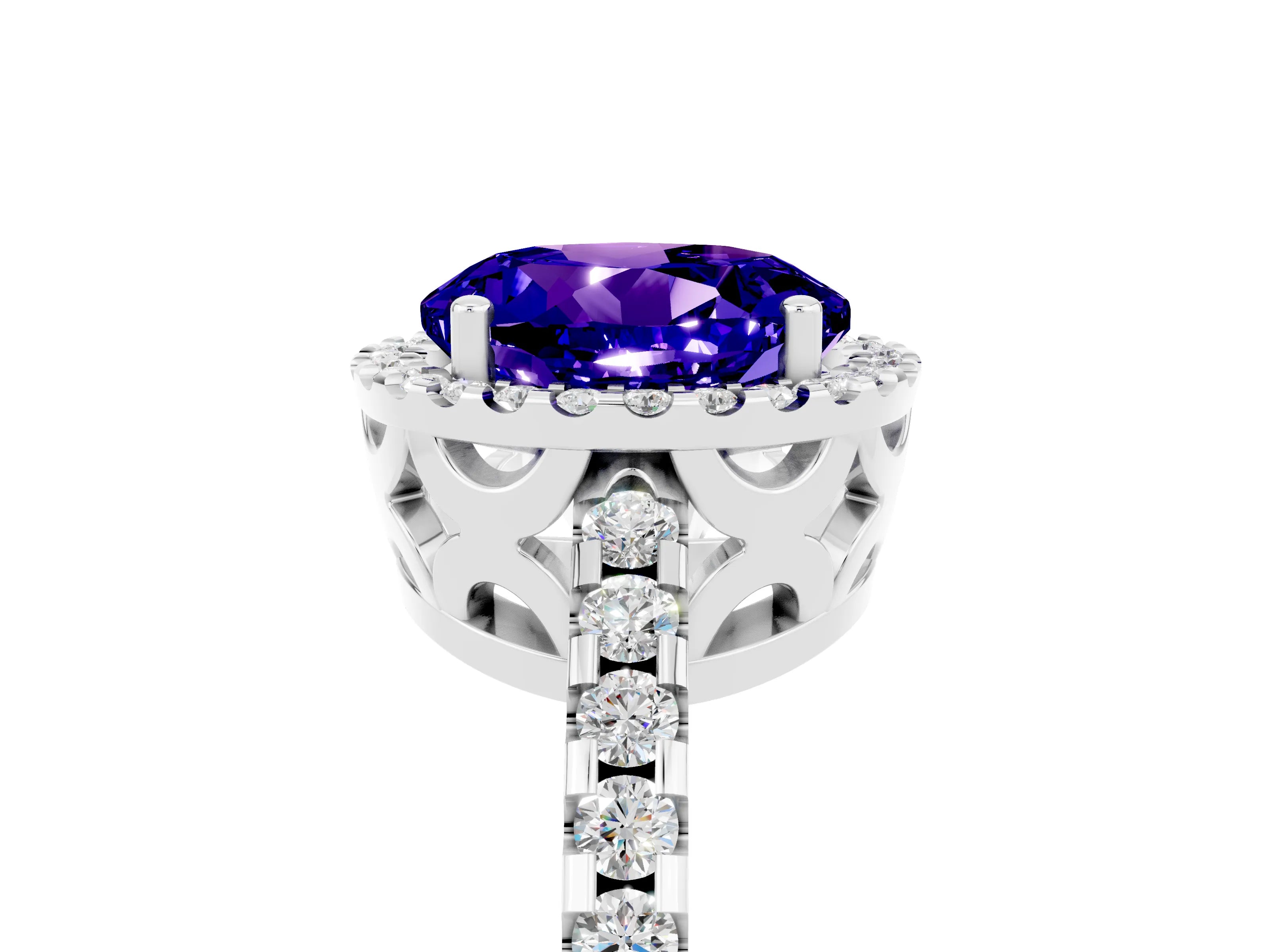 White gold Round Cut Tanzanite Halo Engagement Ring with Pavé Band and Prong Setting_17