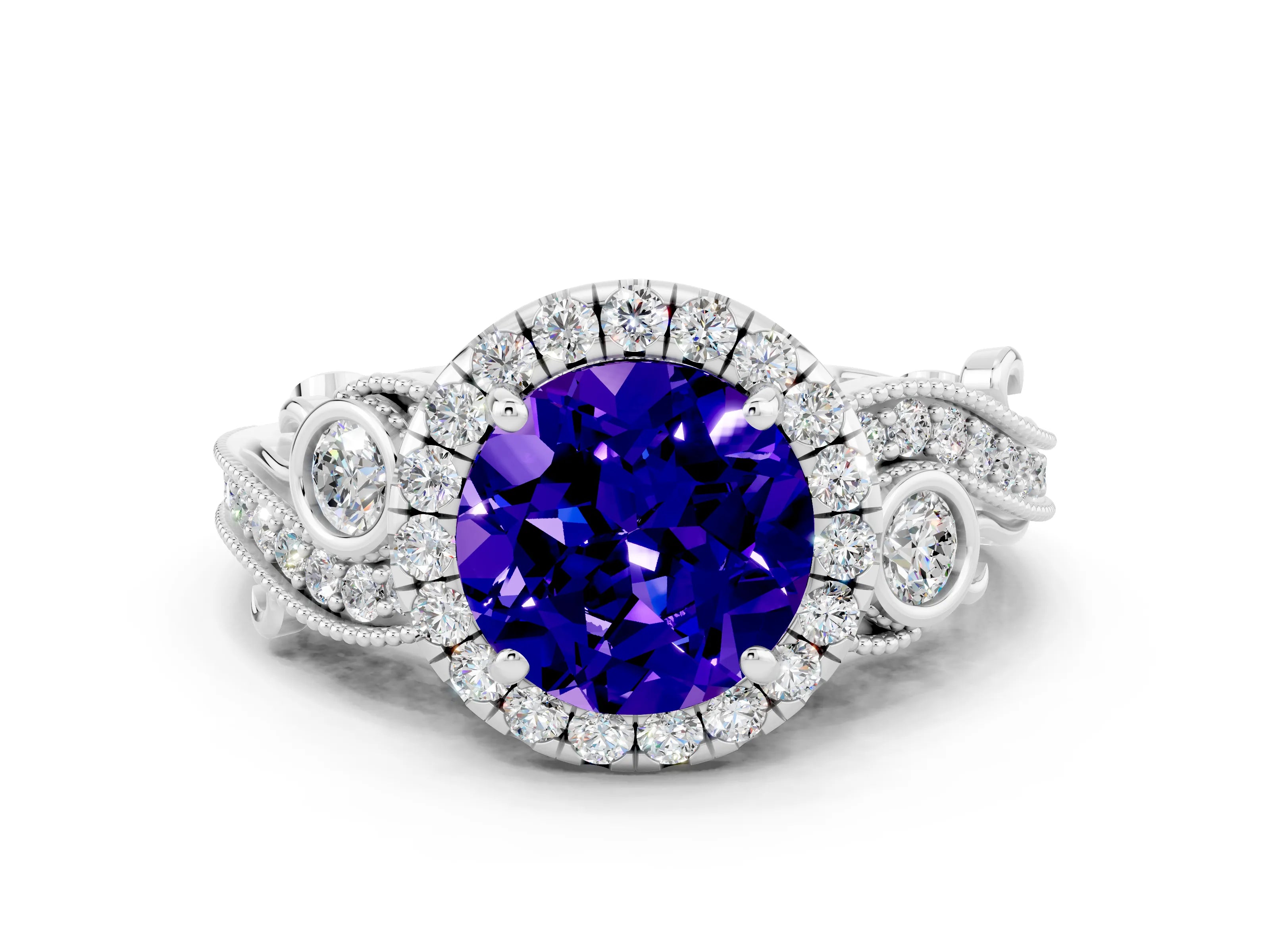 White gold Round Cut Tanzanite Halo Ring with Milgrain Pavé Band and Four-Prong Setting_12