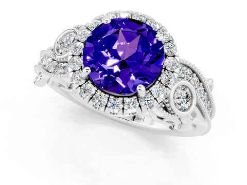 White gold Round Cut Tanzanite Halo Ring with Milgrain Pavé Band and Four-Prong Setting_13