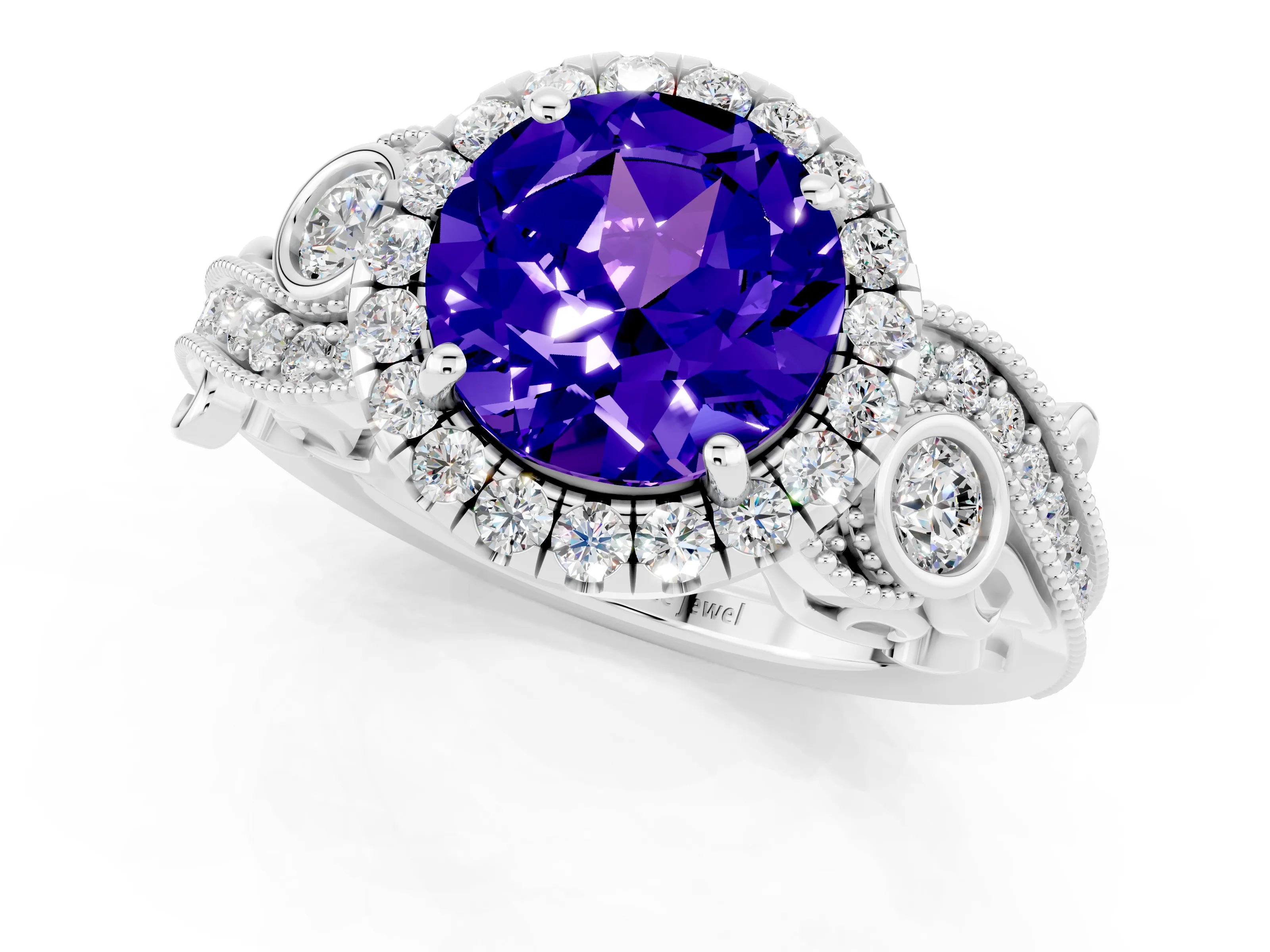 White gold Round Cut Tanzanite Halo Ring with Milgrain Pavé Band and Four-Prong Setting_13