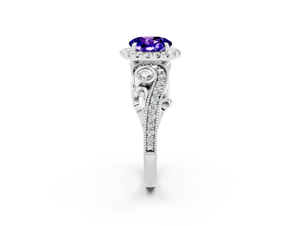 Platinum Round Cut Tanzanite Halo Ring with Milgrain Pavé Band and Four-Prong Setting