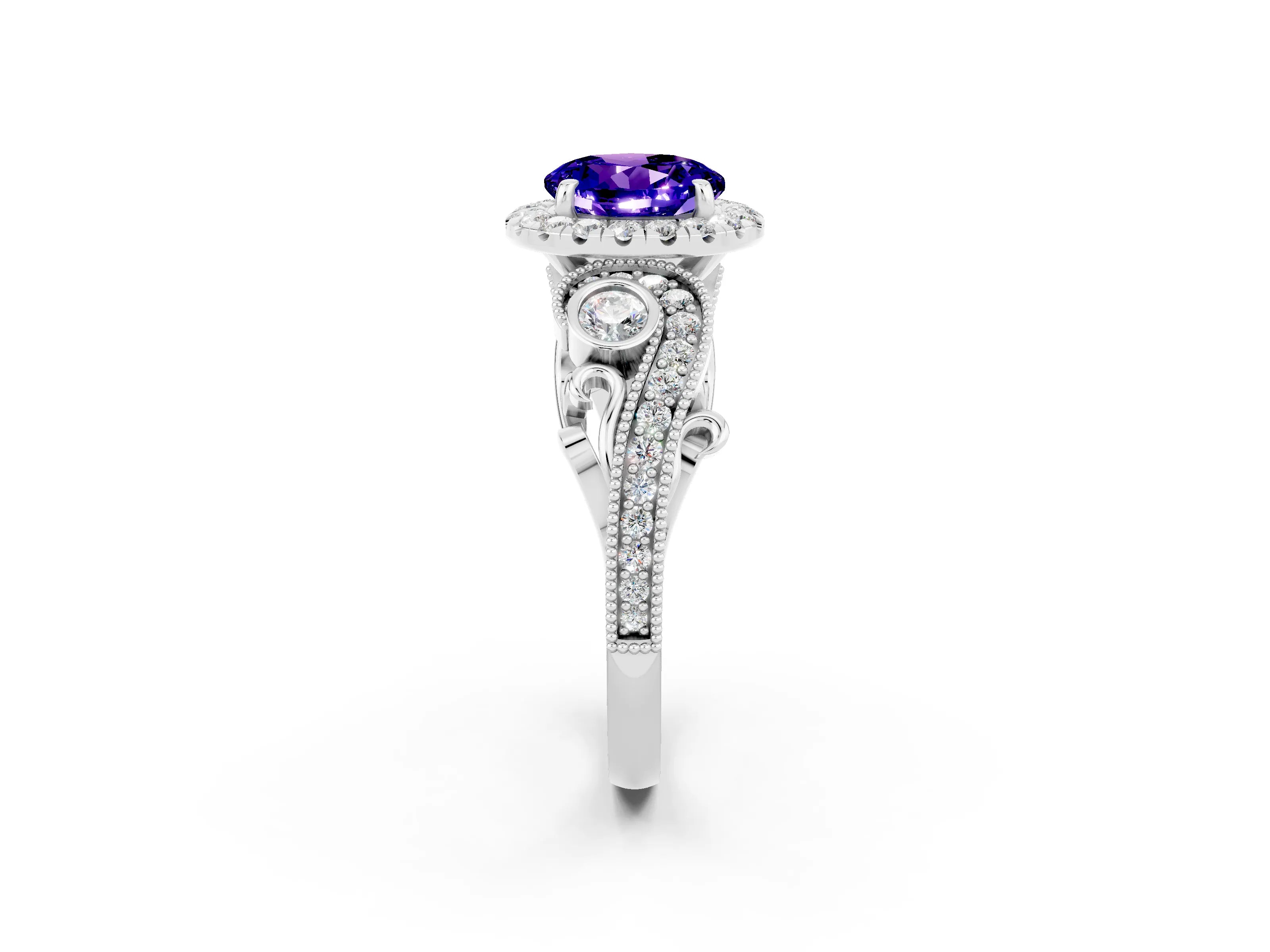White gold Round Cut Tanzanite Halo Ring with Milgrain Pavé Band and Four-Prong Setting_14