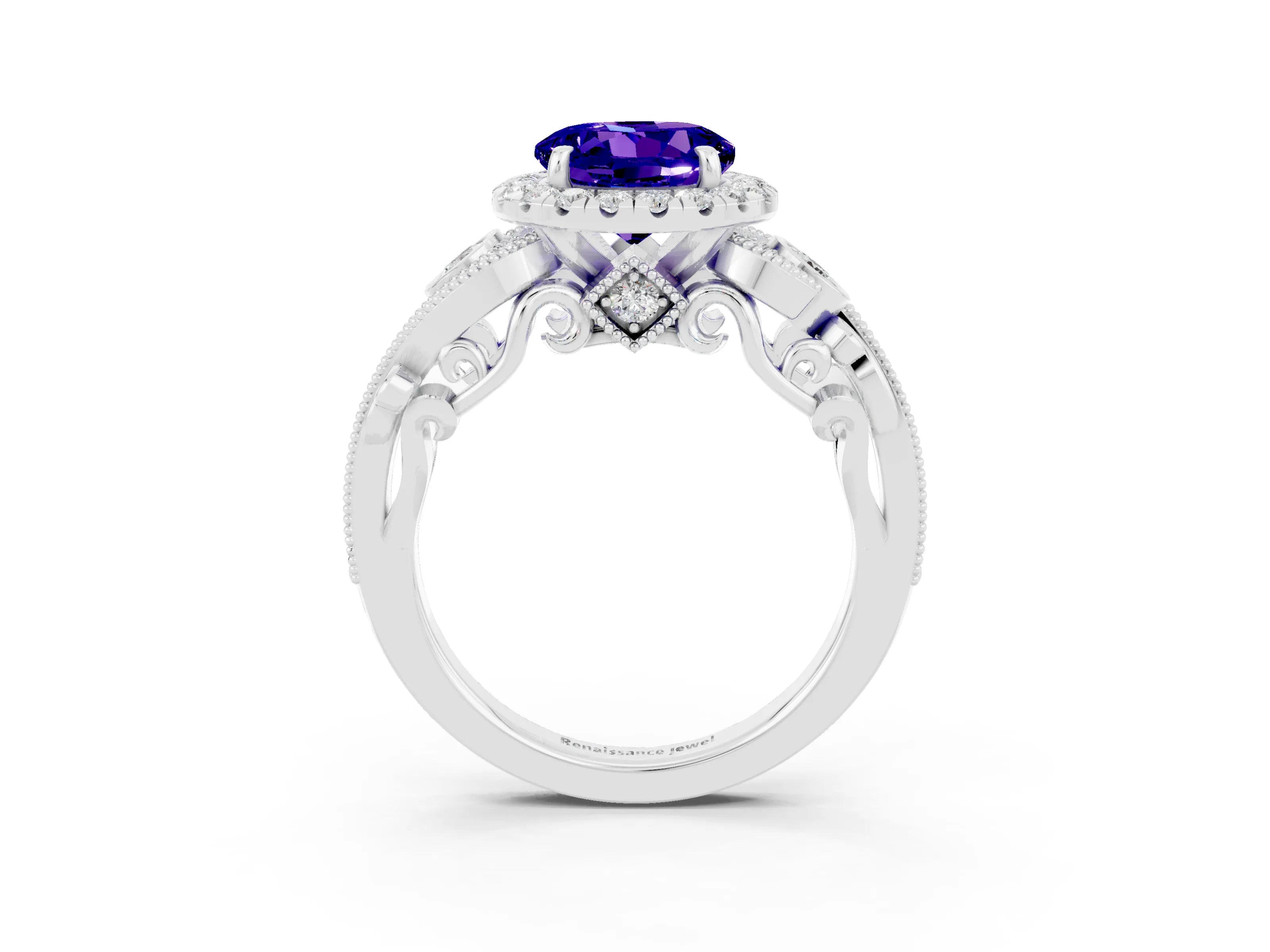 White gold Round Cut Tanzanite Halo Ring with Milgrain Pavé Band and Four-Prong Setting_15