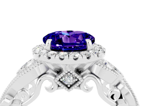 White gold Round Cut Tanzanite Halo Ring with Milgrain Pavé Band and Four-Prong Setting_16