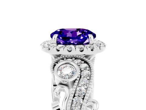 White gold Round Cut Tanzanite Halo Ring with Milgrain Pavé Band and Four-Prong Setting_17