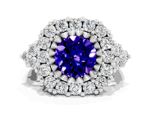 White gold Round Cut Tanzanite Halo Ring with Pavé Band and Four-Prong Setting_12