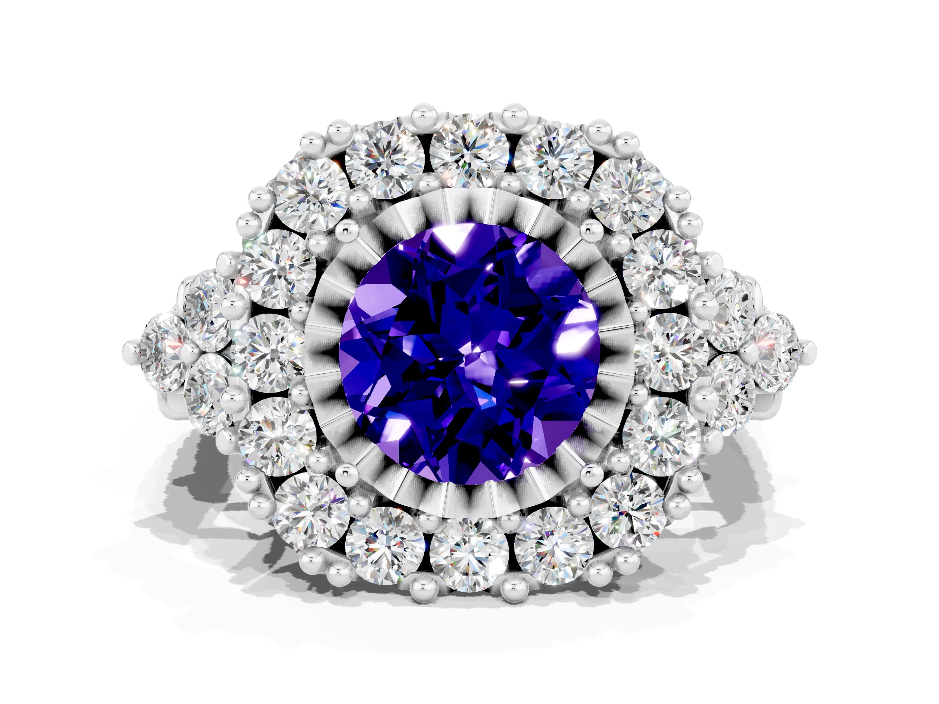 White gold Round Cut Tanzanite Halo Ring with Pavé Band and Four-Prong Setting_12