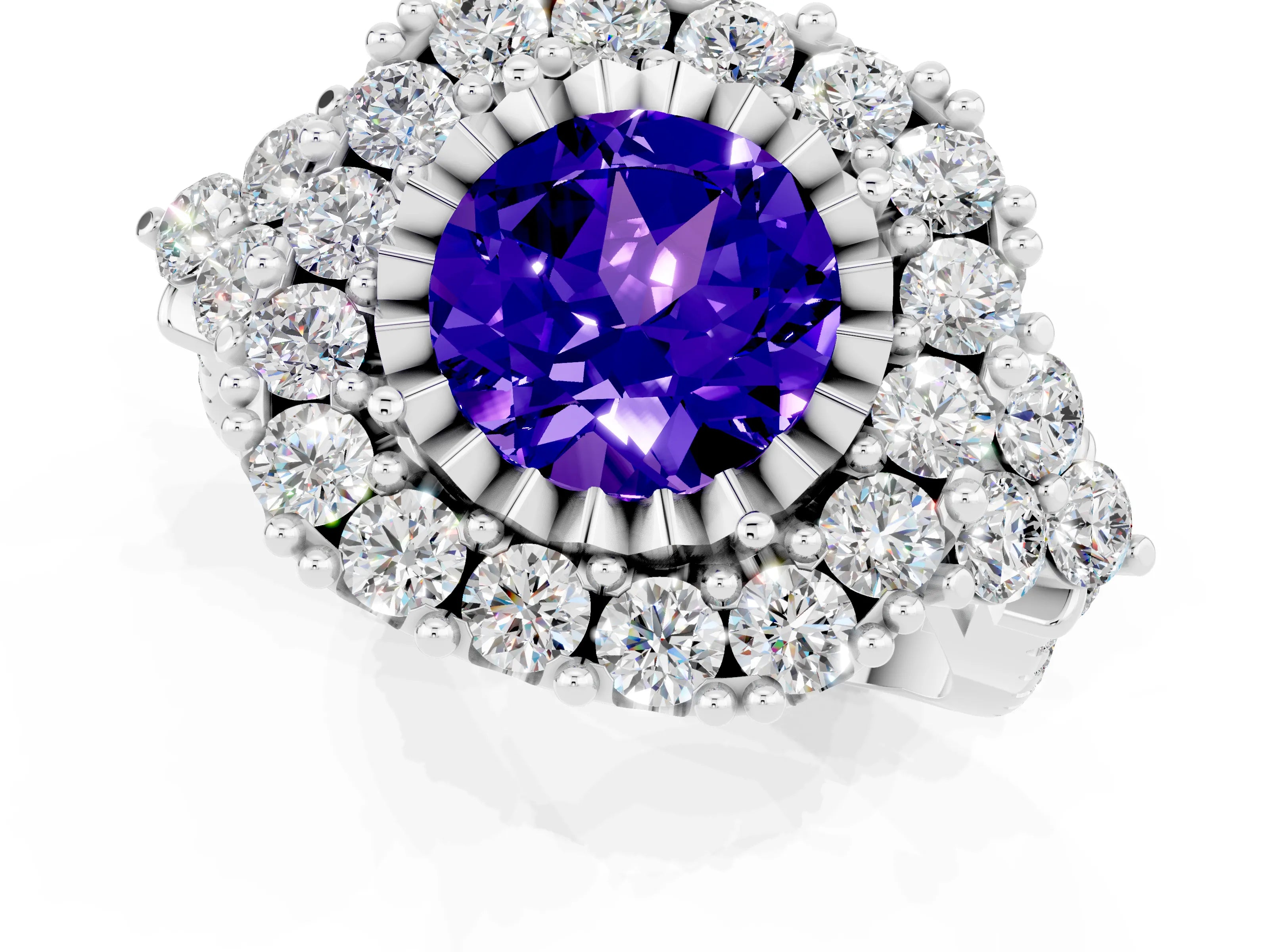 White gold Round Cut Tanzanite Halo Ring with Pavé Band and Four-Prong Setting_13
