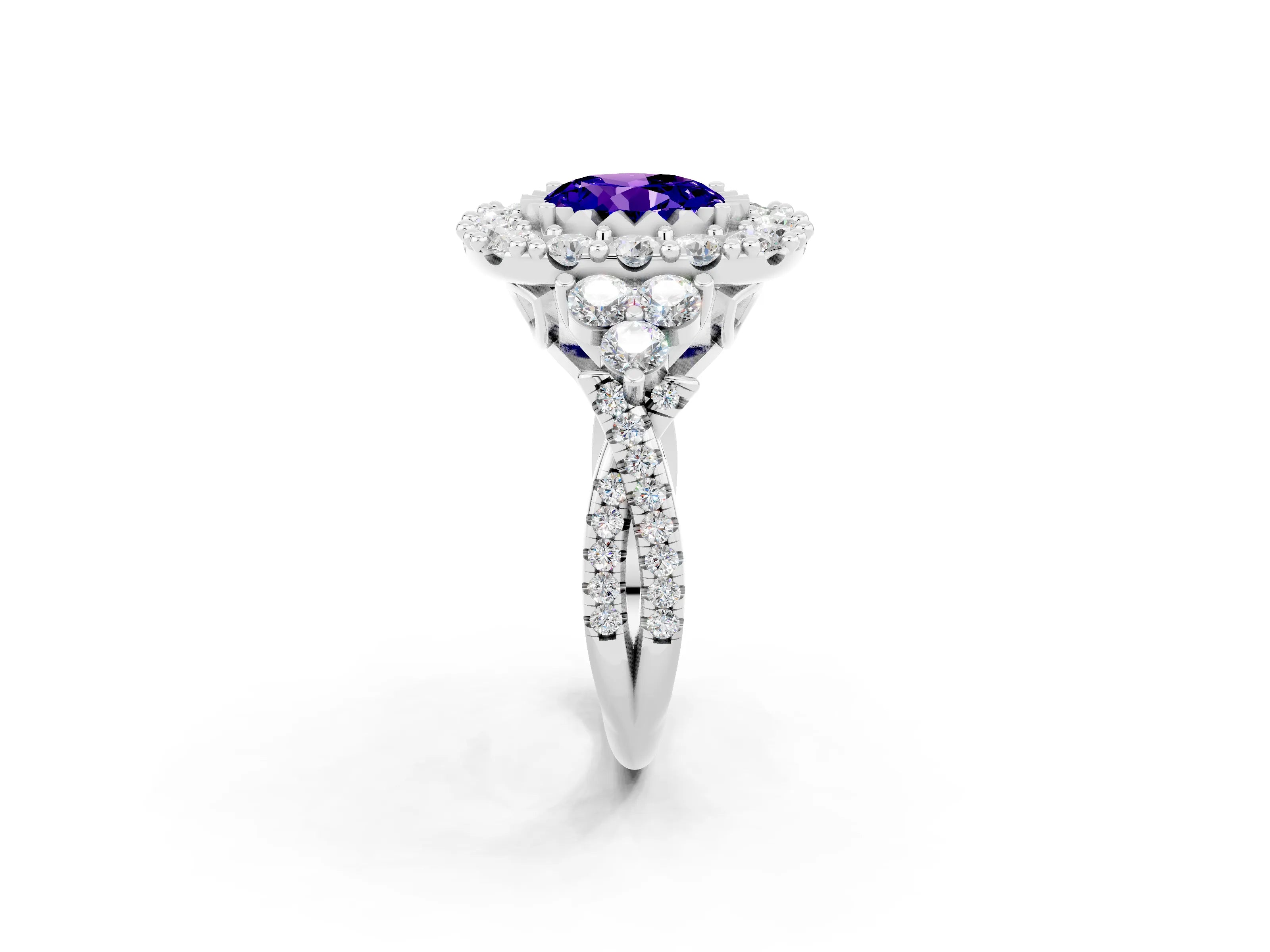 White gold Round Cut Tanzanite Halo Ring with Pavé Band and Four-Prong Setting_14
