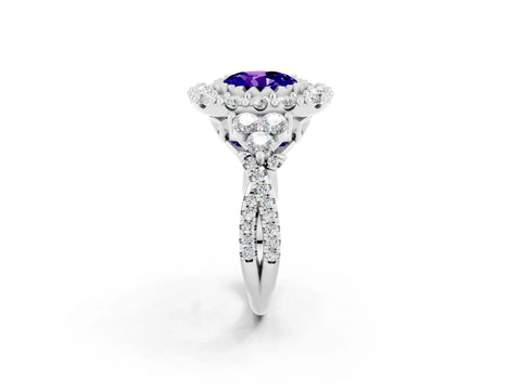 White gold Round Cut Tanzanite Halo Ring with Pavé Band and Four-Prong Setting_14
