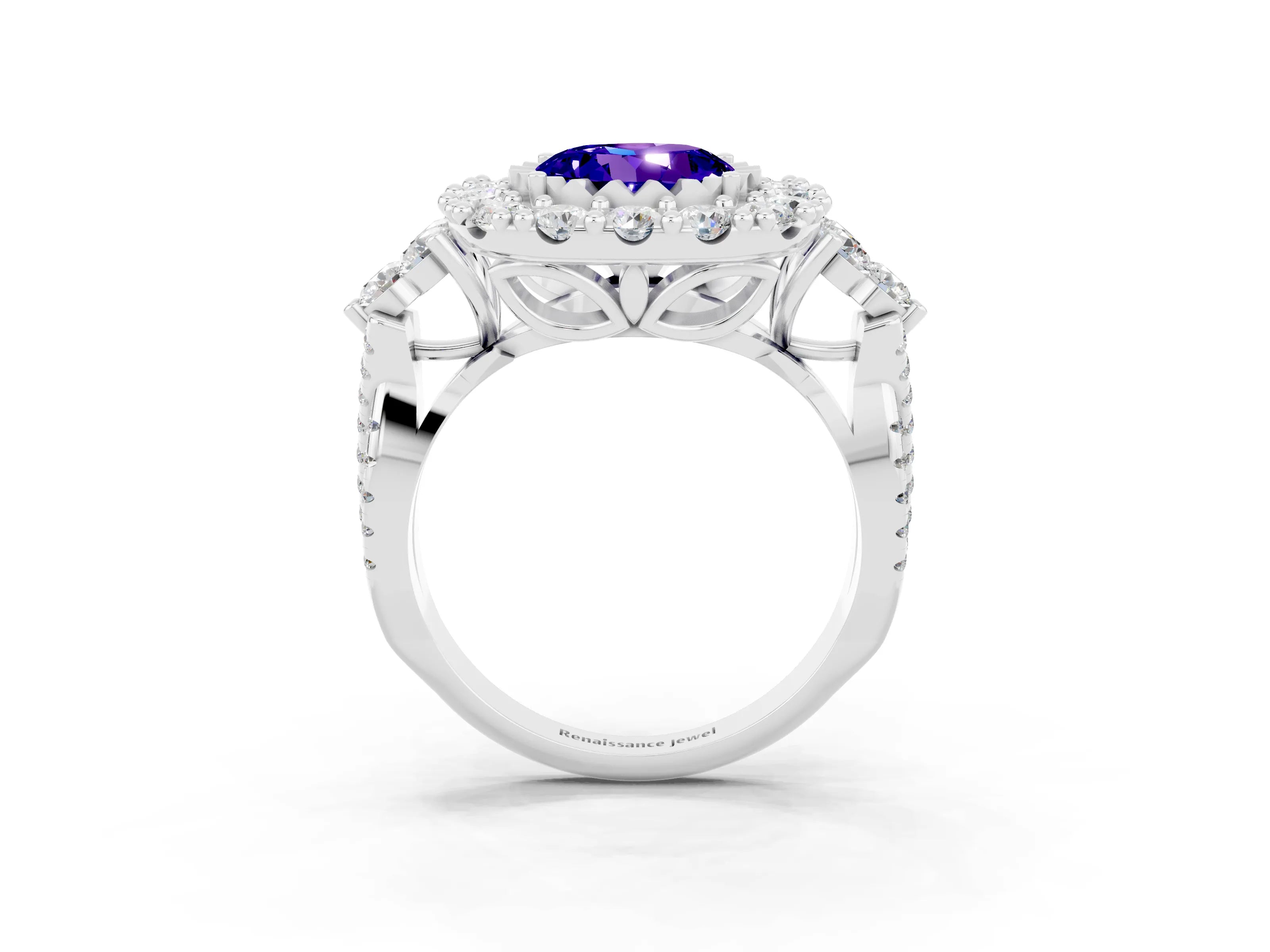 White gold Round Cut Tanzanite Halo Ring with Pavé Band and Four-Prong Setting_15