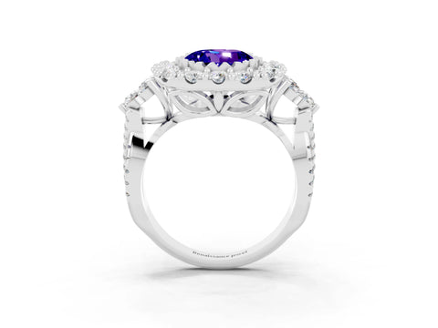 White gold Round Cut Tanzanite Halo Ring with Pavé Band and Four-Prong Setting_15