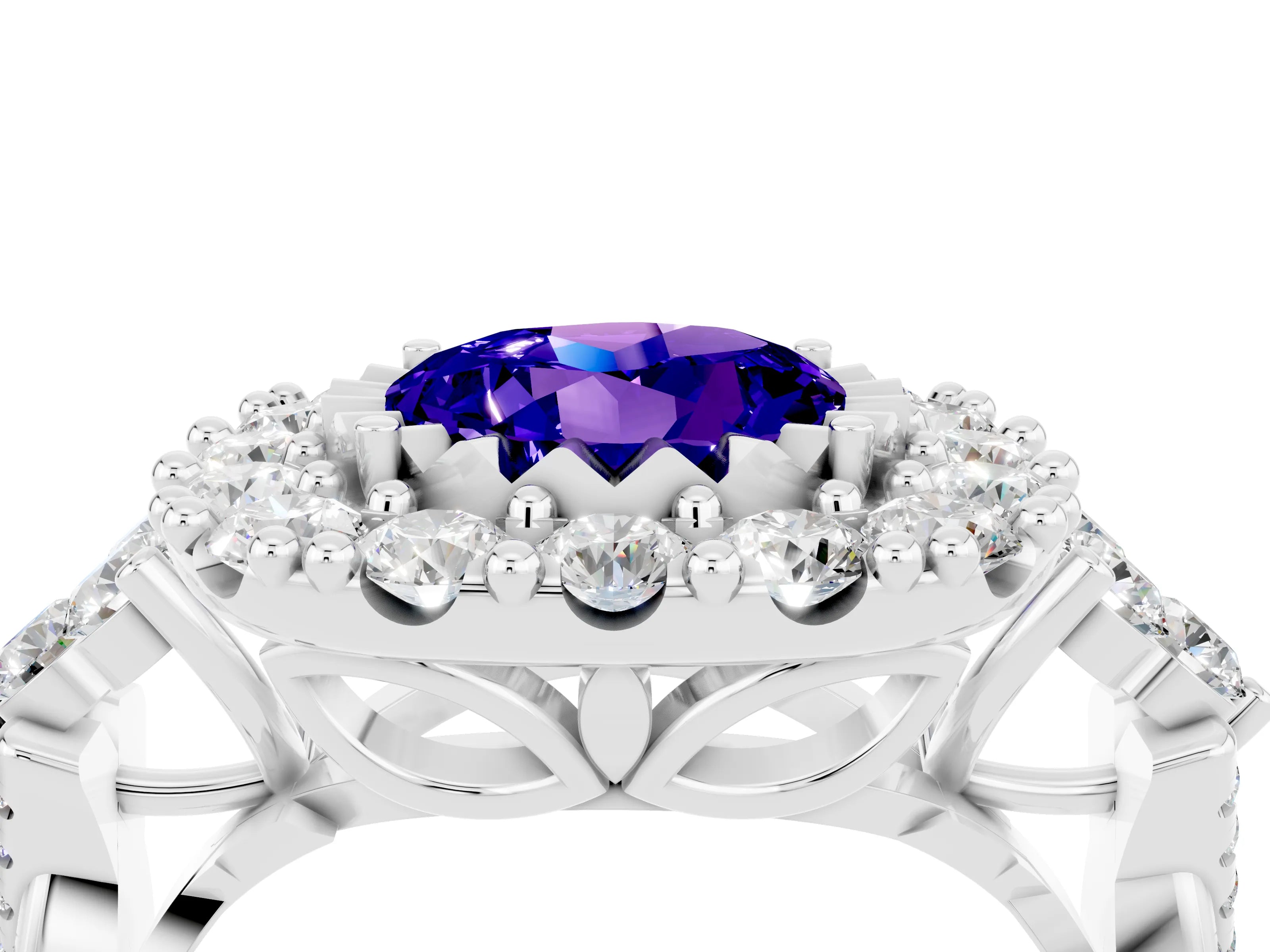 White gold Round Cut Tanzanite Halo Ring with Pavé Band and Four-Prong Setting_16