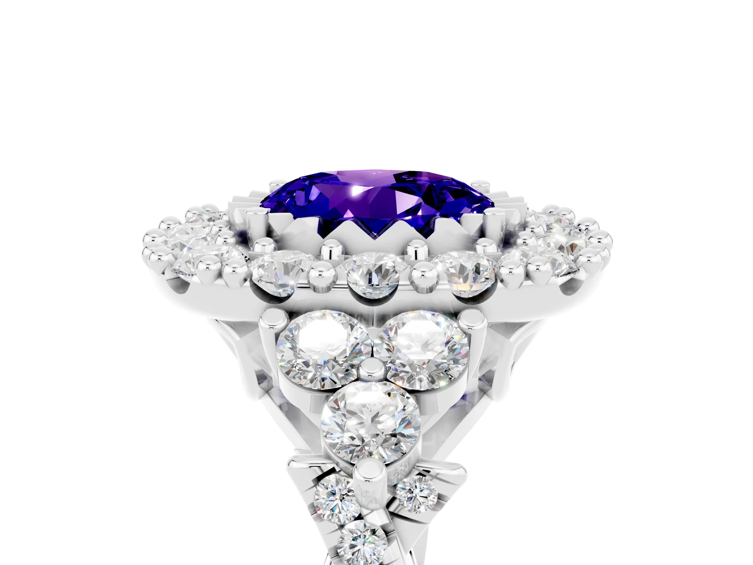 White gold Round Cut Tanzanite Halo Ring with Pavé Band and Four-Prong Setting_17