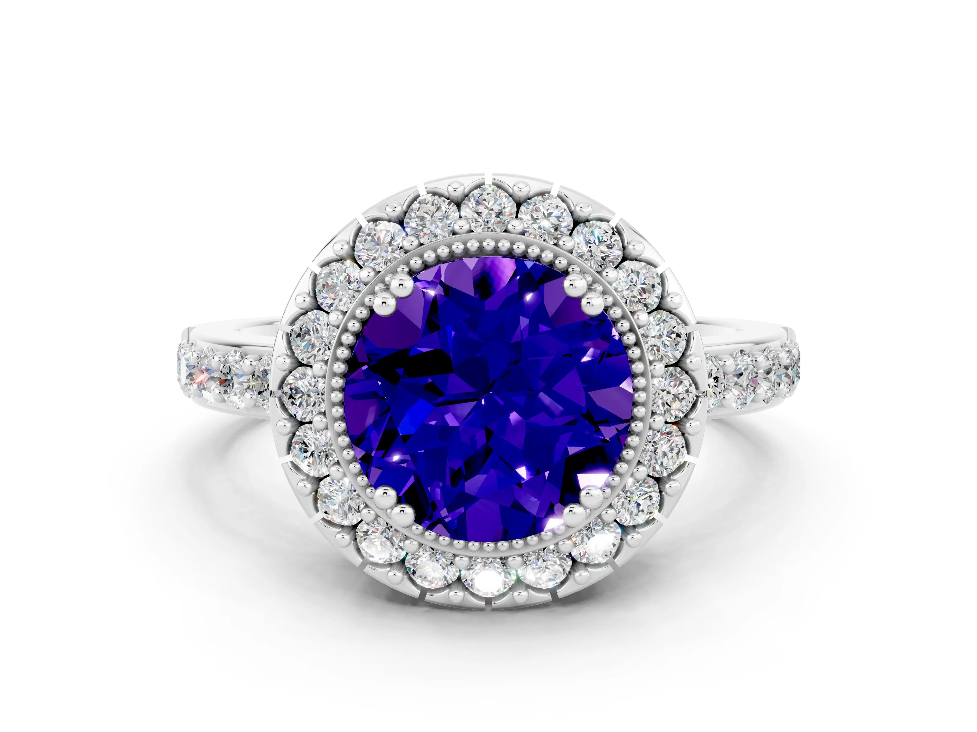 White gold Round Cut Tanzanite Halo Ring with Pavé Band and Prong Setting