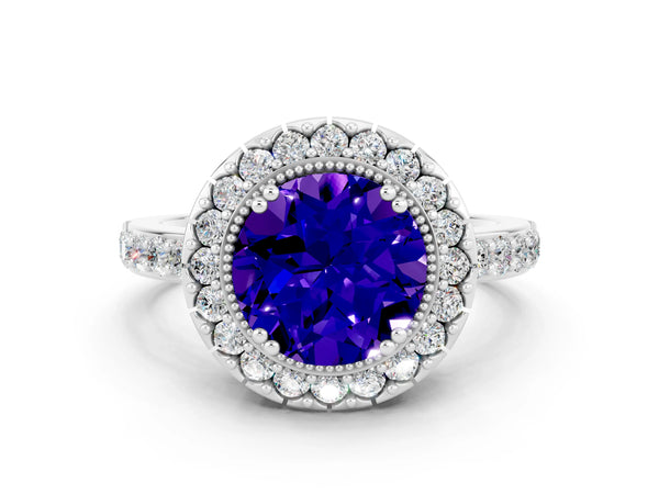 Platinum Round Cut Tanzanite Halo Ring with Pavé Band and Prong Setting