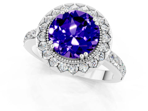 White gold Round Cut Tanzanite Halo Ring with Pavé Band and Prong Setting_1