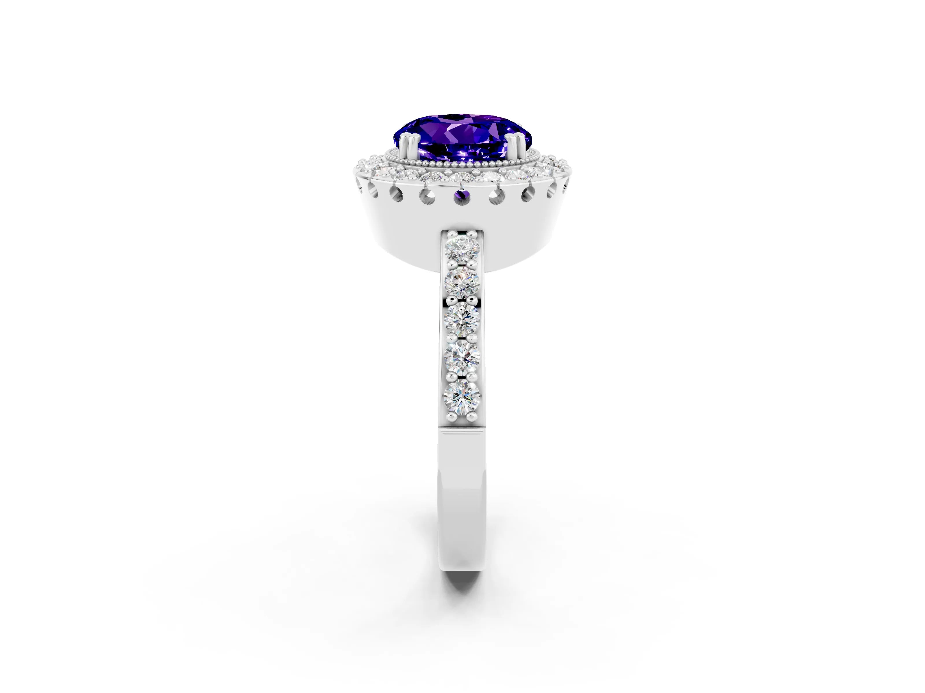 White gold Round Cut Tanzanite Halo Ring with Pavé Band and Prong Setting_2