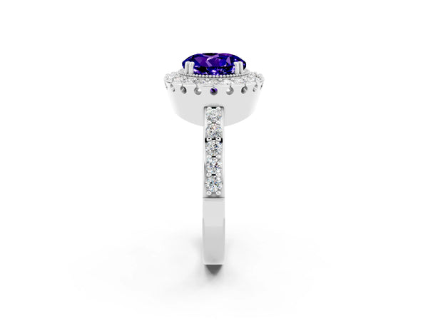 Platinum Round Cut Tanzanite Halo Ring with Pavé Band and Prong Setting