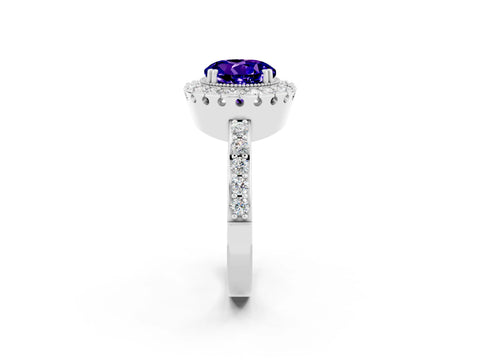 White gold Round Cut Tanzanite Halo Ring with Pavé Band and Prong Setting_2