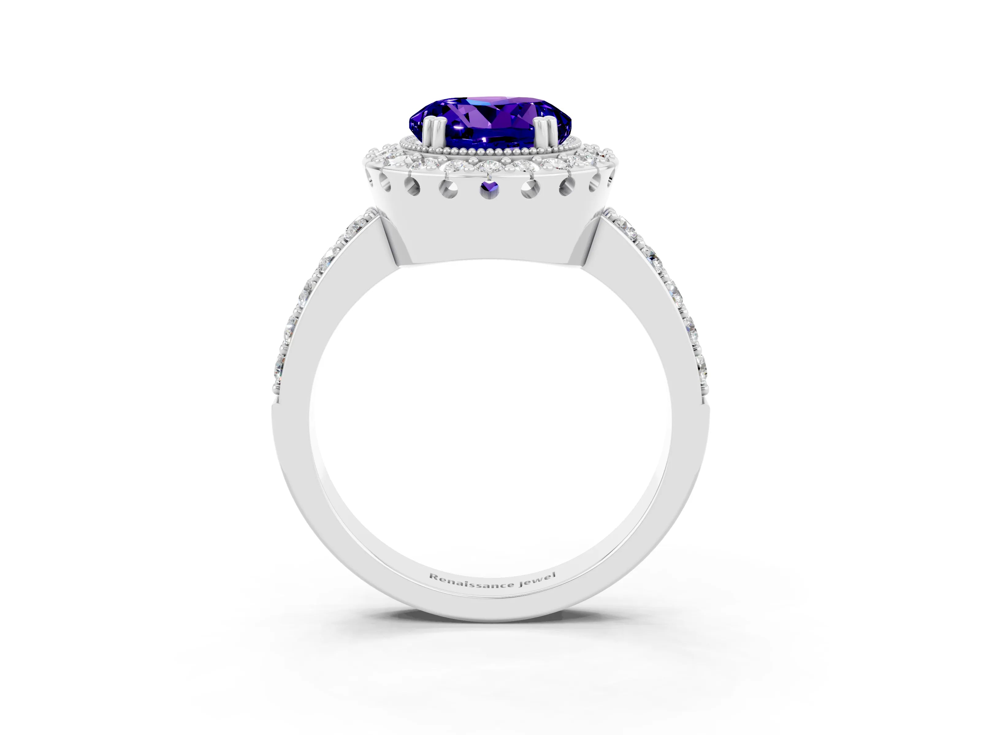 White gold Round Cut Tanzanite Halo Ring with Pavé Band and Prong Setting_3