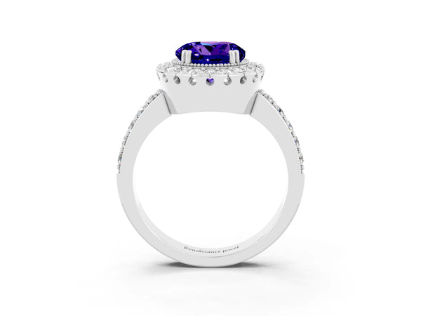 Platinum Round Cut Tanzanite Halo Ring with Pavé Band and Prong Setting