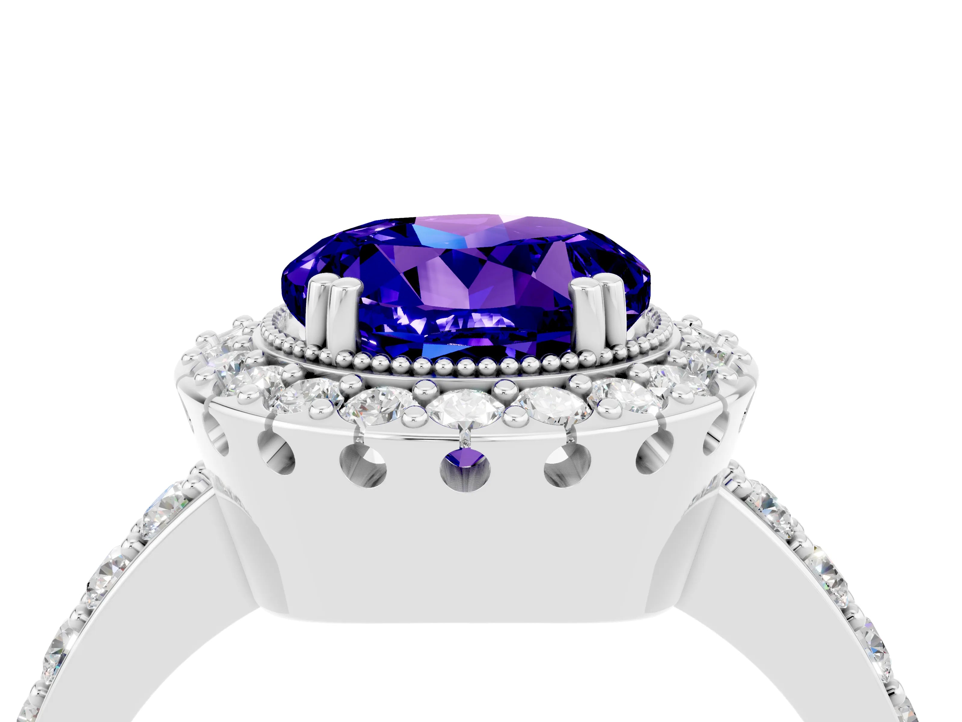 White gold Round Cut Tanzanite Halo Ring with Pavé Band and Prong Setting_4