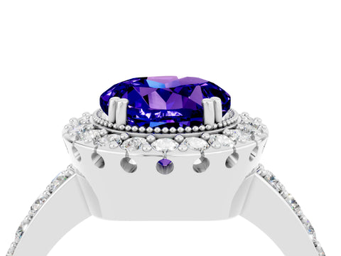 White gold Round Cut Tanzanite Halo Ring with Pavé Band and Prong Setting_4