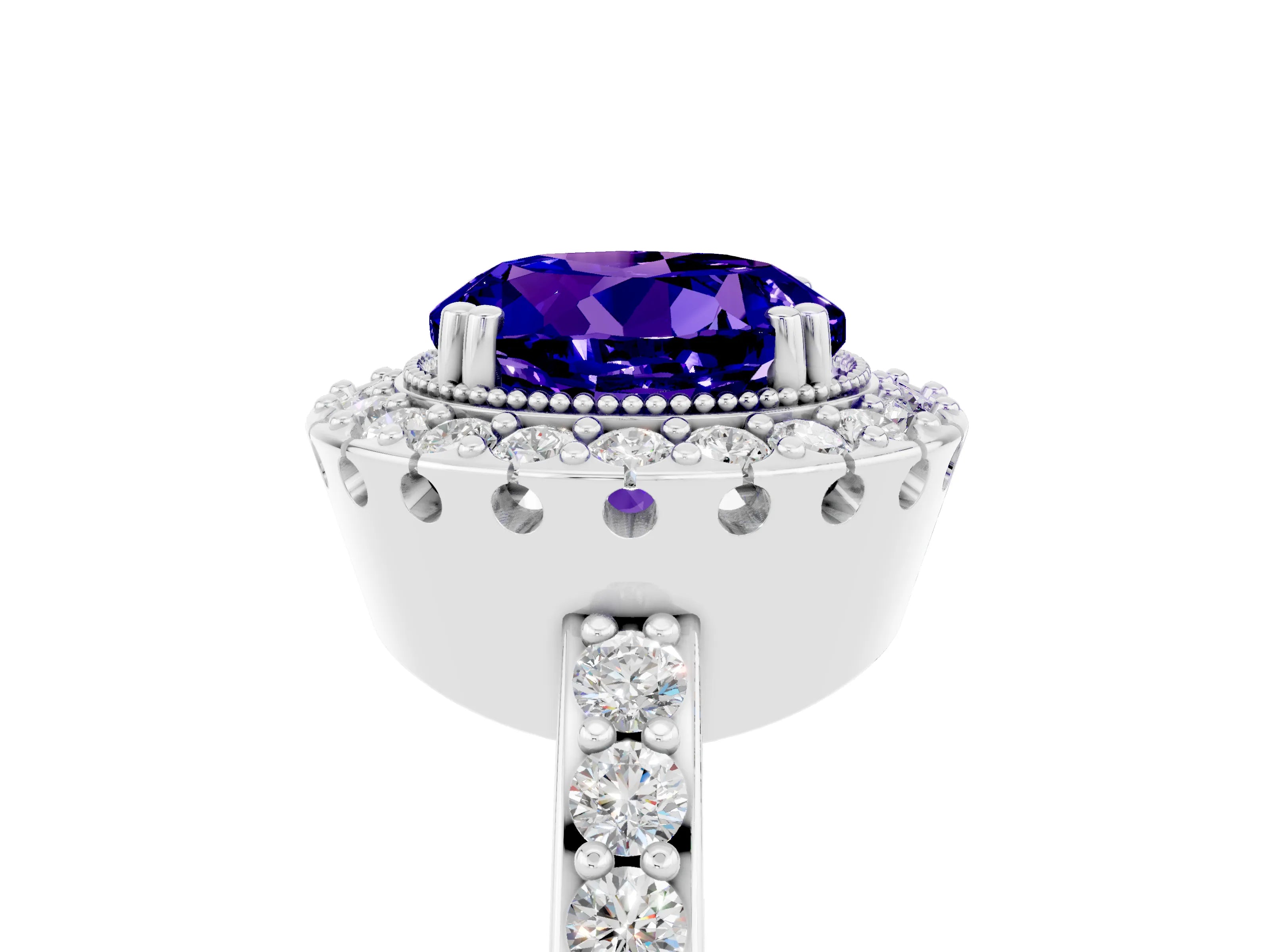 White gold Round Cut Tanzanite Halo Ring with Pavé Band and Prong Setting_5