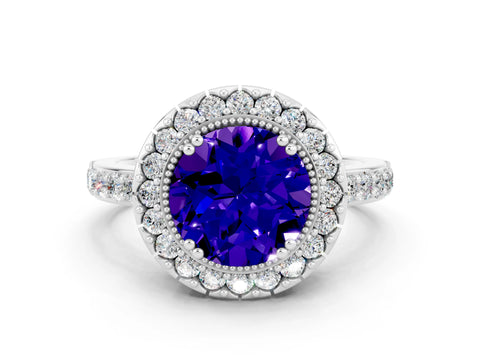White gold Round Cut Tanzanite Halo Ring with Pavé Band and Prong Setting