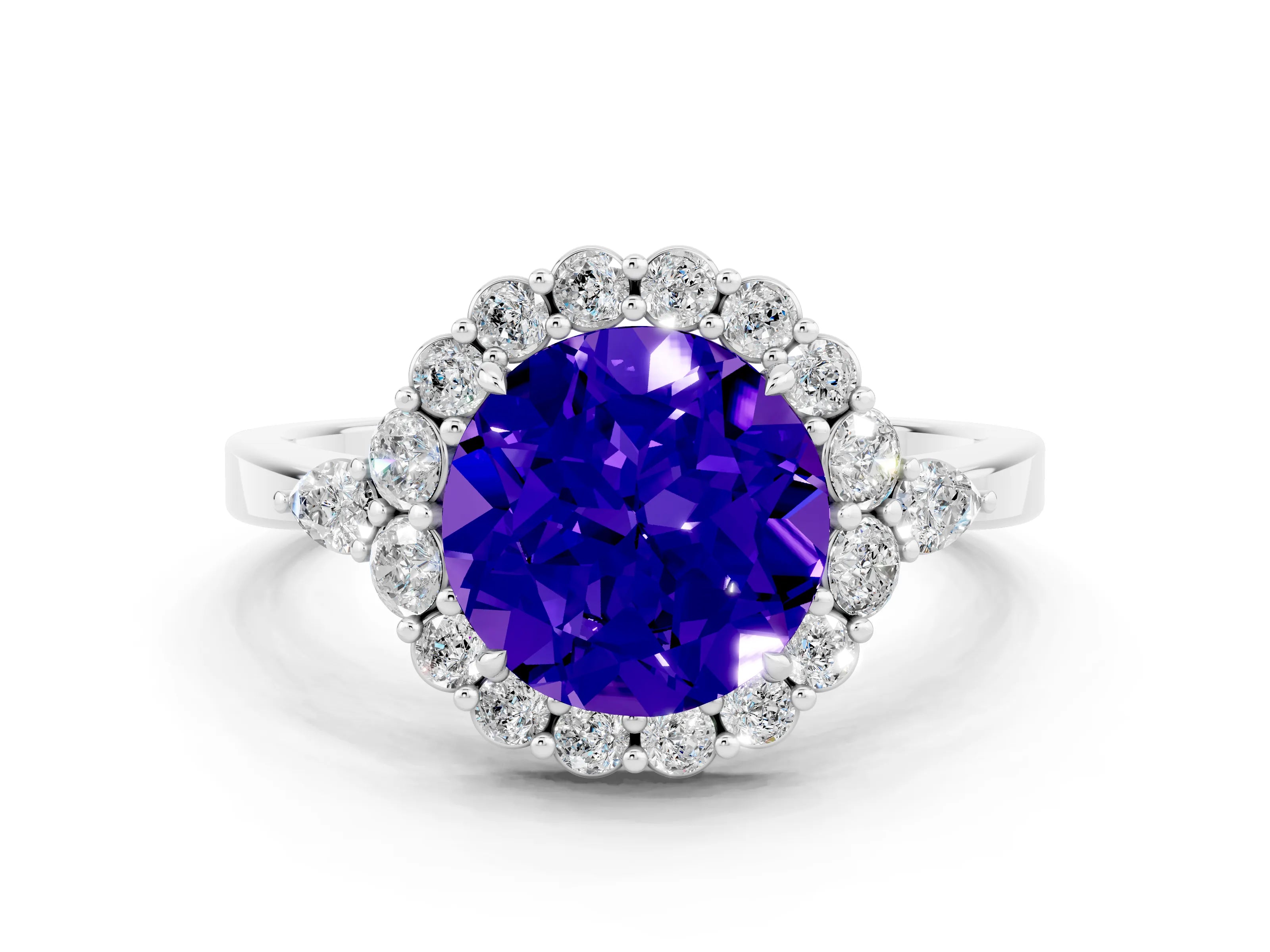 White gold Round Cut Tanzanite Halo Ring with Pear Side Stones and Prong Setting_24