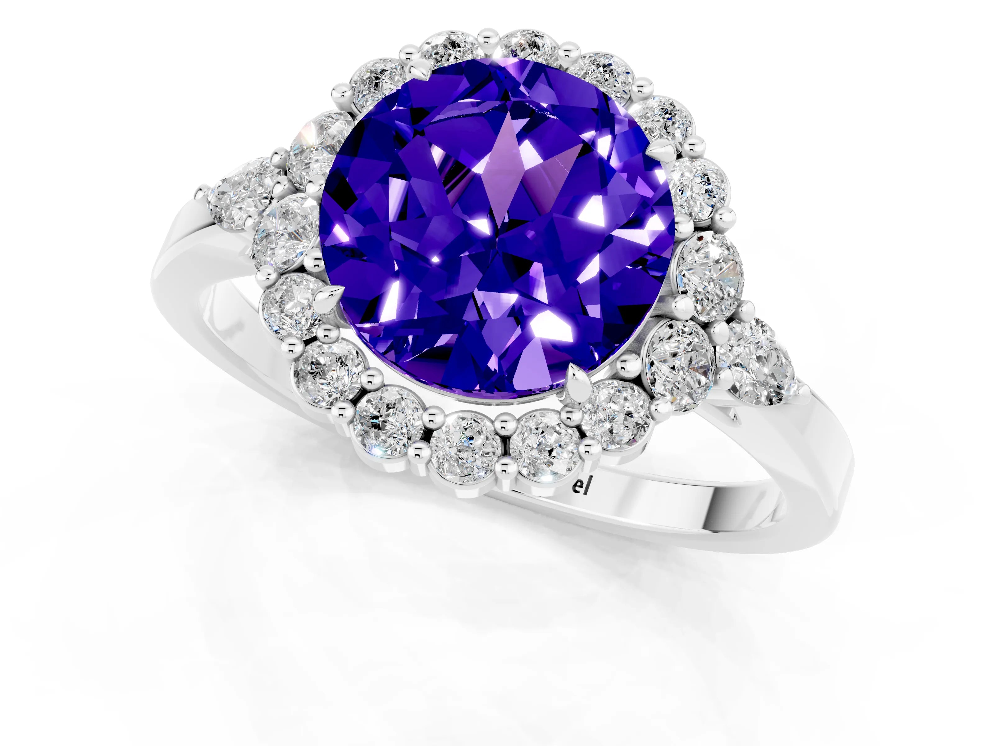 White gold Round Cut Tanzanite Halo Ring with Pear Side Stones and Prong Setting_25