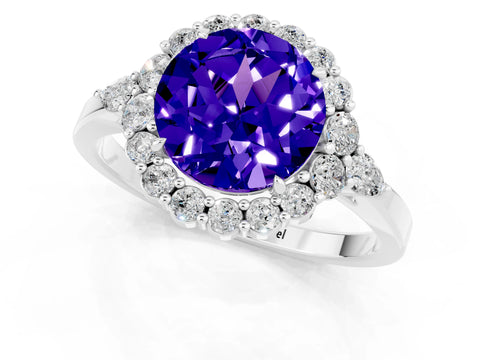White gold Round Cut Tanzanite Halo Ring with Pear Side Stones and Prong Setting_25