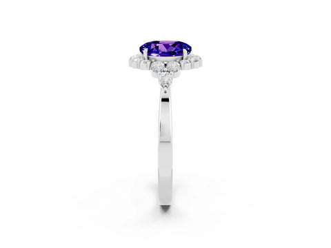 White gold Round Cut Tanzanite Halo Ring with Pear Side Stones and Prong Setting_26