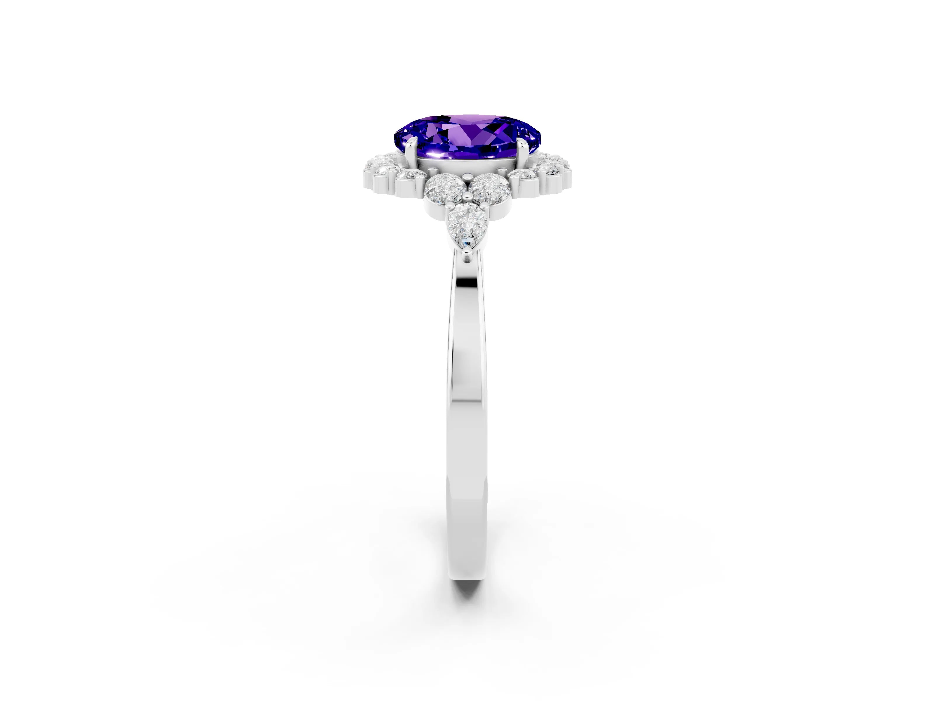 White gold Round Cut Tanzanite Halo Ring with Pear Side Stones and Prong Setting_26