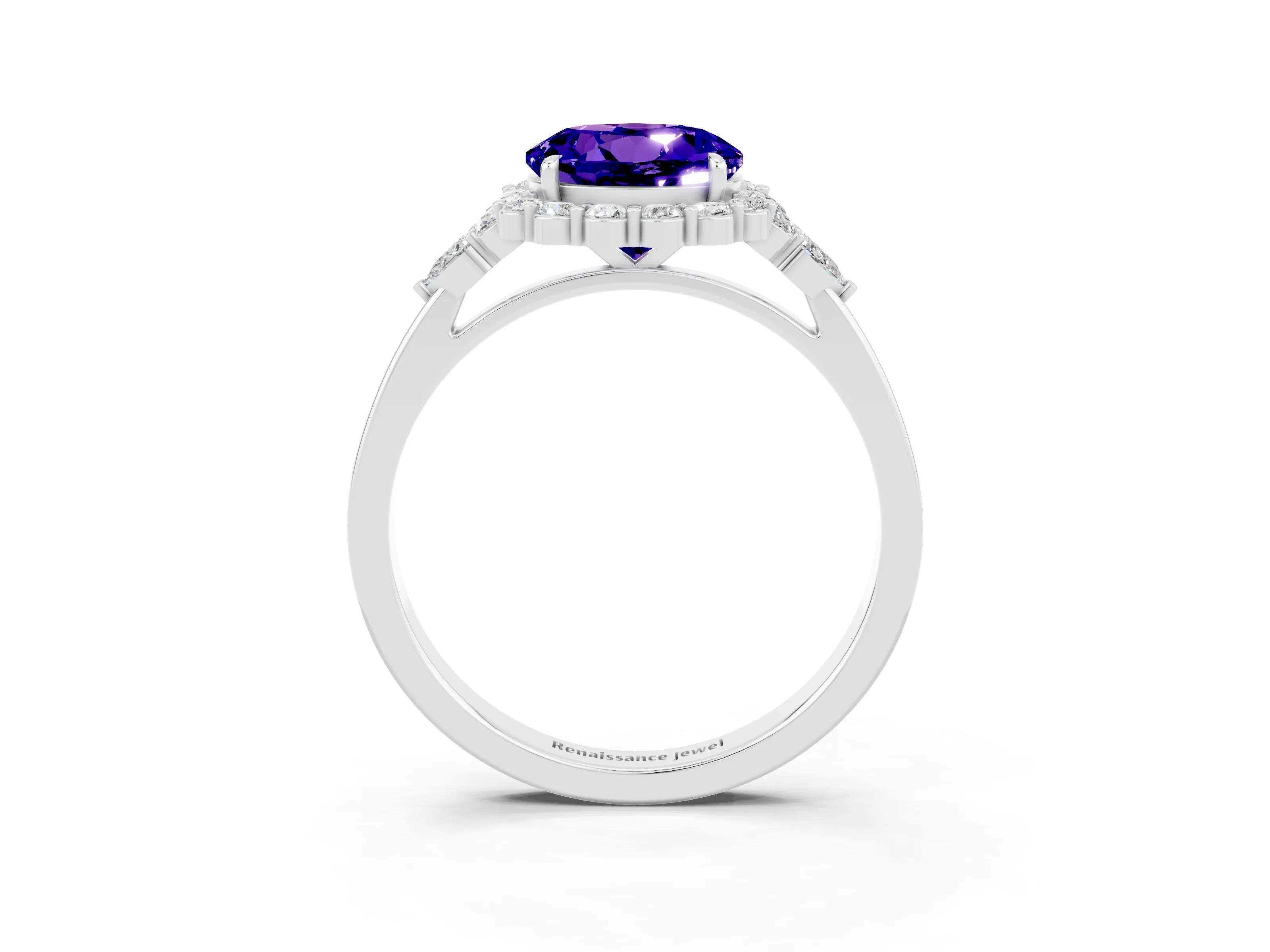 White gold Round Cut Tanzanite Halo Ring with Pear Side Stones and Prong Setting_27