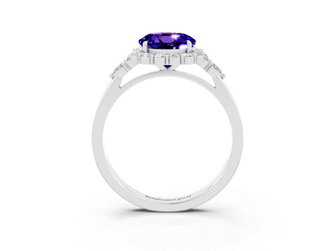 White gold Round Cut Tanzanite Halo Ring with Pear Side Stones and Prong Setting_27